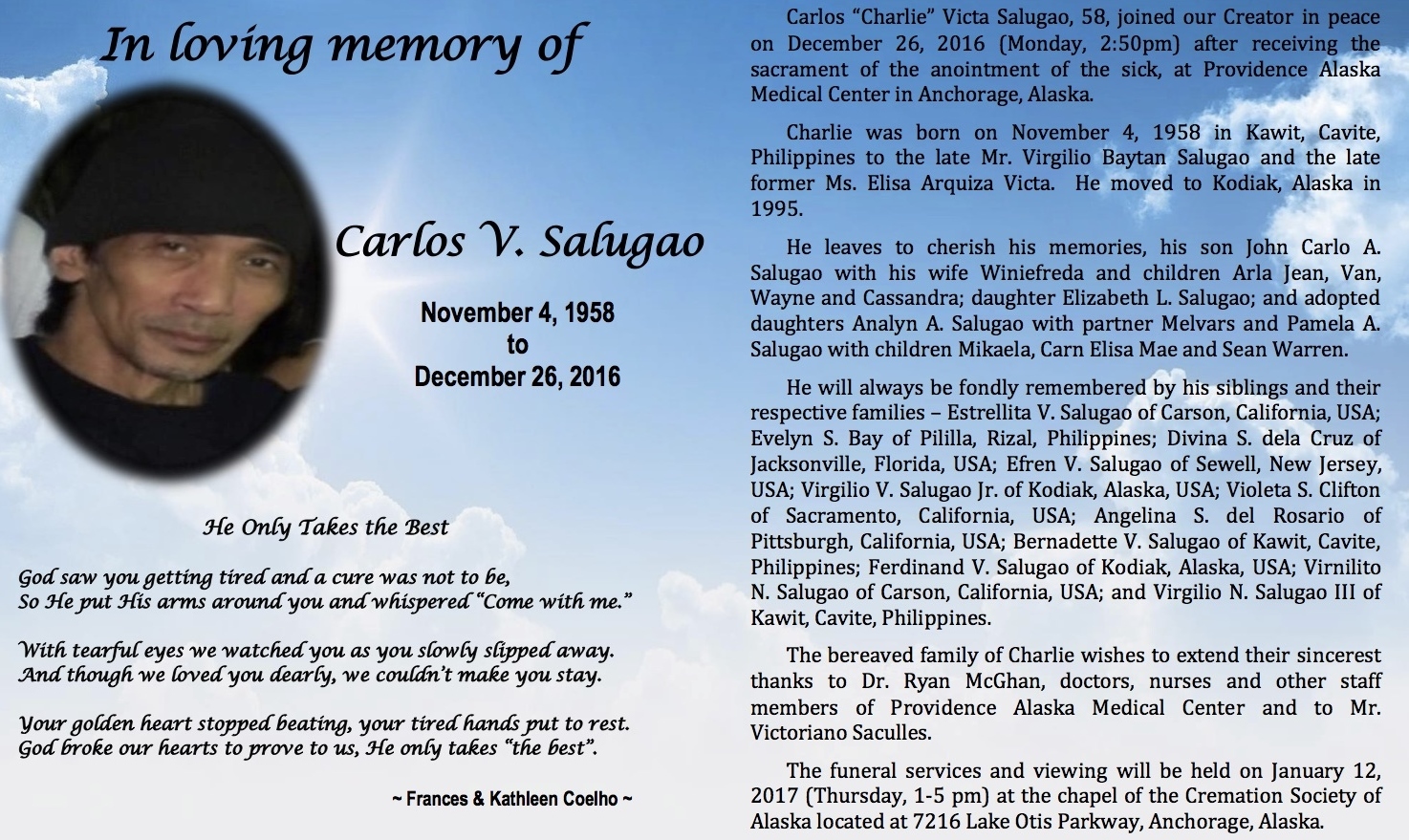 carlos salugao obituary kodiak ak cremation society of obituary creator